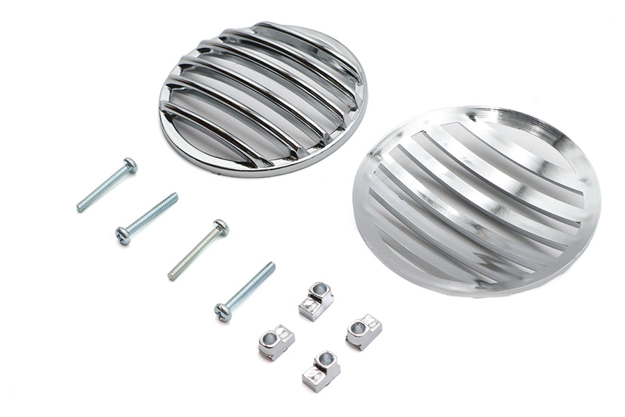 Chrome V-TWIN turn signal lens grille set for motorcycle lighting, featuring a sleek and durable chrome finish.