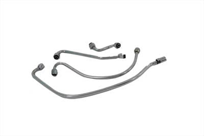 V-Twin chrome oil line set installed on motorcycle oil tank, showcasing durable metal fittings and sleek chrome finish.