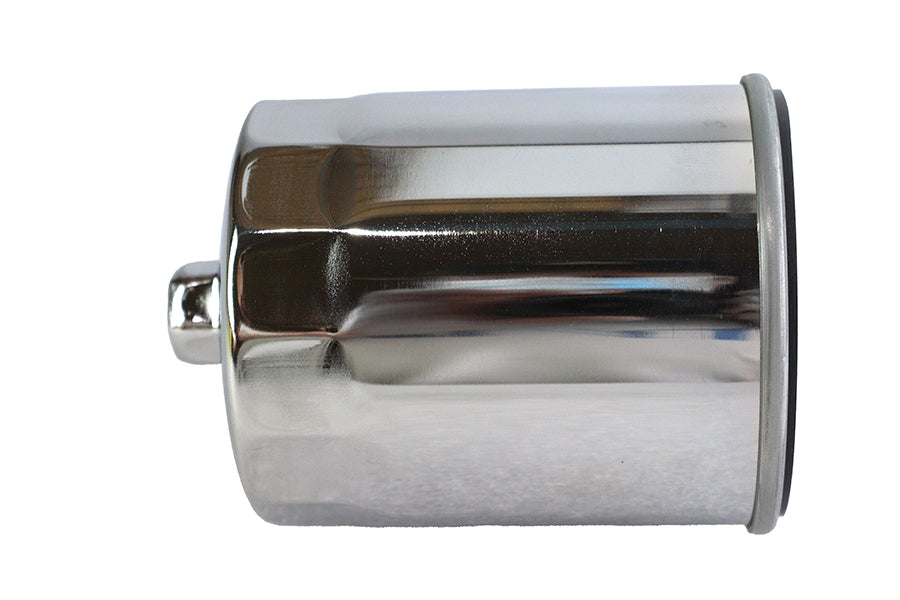V-Twin Hex Spin-On Oil Filter attached to oil tank, designed for motorcycle oil filtration and maintenance.