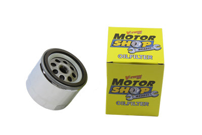 V-TWIN Hex Spin-On Oil Filter attached to motorcycle oil tank, showcasing durable V-TWIN brand oil filter for easy replacement
