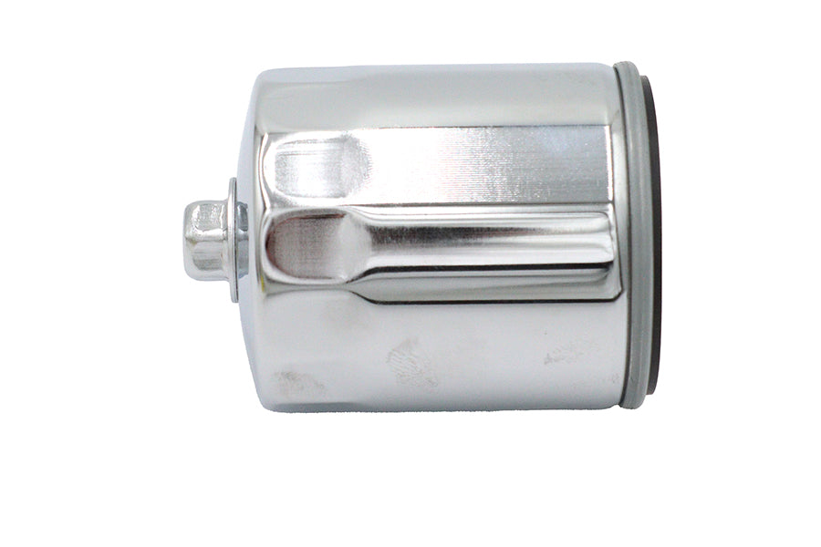 V-TWIN Hex Spin-On Oil Filter mounted on oil tank, showing the black metal filter with hexagonal top for easy installation.