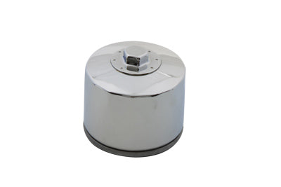 V-Twin Magnetek oil filter installed in a motorcycle oil tank, featuring a black cylindrical design and mounting brackets.