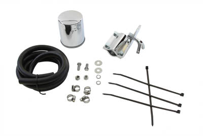 V-Twin Pura Flow universal oil filter kit installed on motorcycle oil tank, featuring durable construction and easy installation.