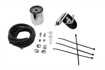 V-Twin Pura Flow universal oil filter kit installed on oil tank for motorcycle engine filtration system.