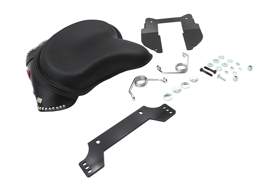 V-TWIN Deluxe Solo Seat Kit with saddlebag for motorcycle, featuring black leather seat and matching saddlebag for custom styling.