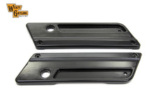 Load image into Gallery viewer, V-Twin Wyatt Gatling saddlebag face plate for motorcycle seat and saddlebag, chrome finish and detailed design.
