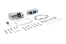 Load image into Gallery viewer, V-Twin chrome transmission side and top cover set for motorcycle, featuring polished finish and detailed design.