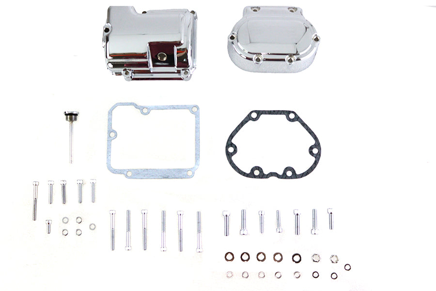 Chrome V-Twin transmission side and top cover set for motorcycle, featuring polished metal finish and detailed design.