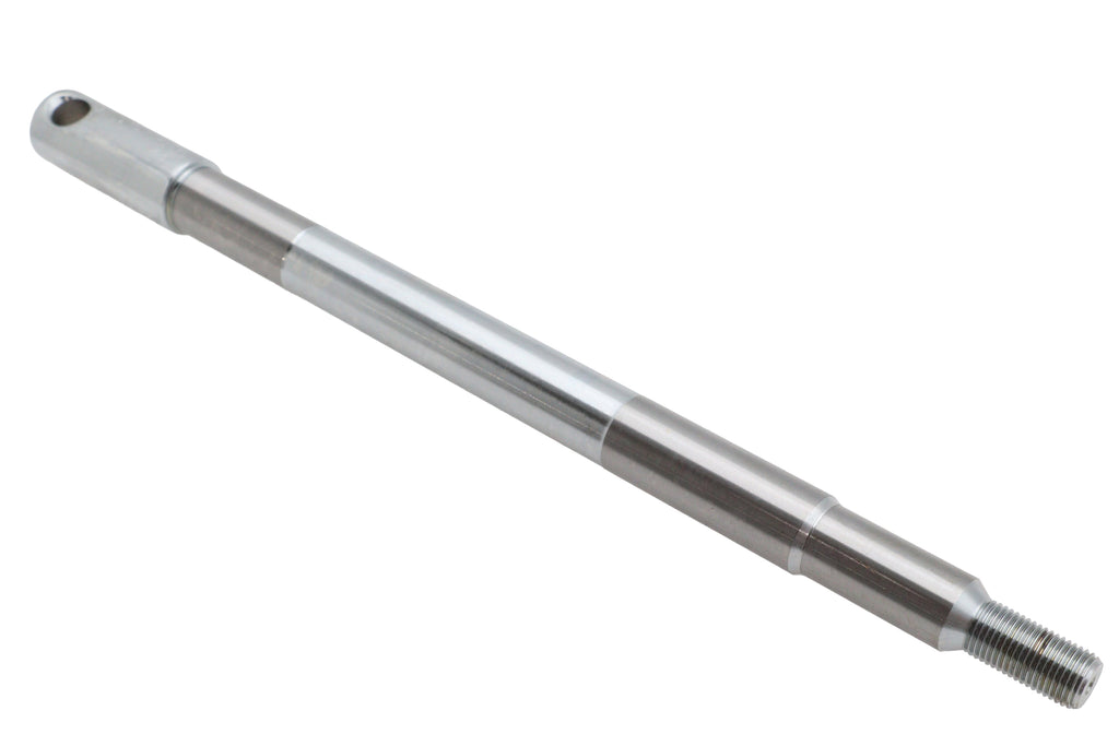 V-TWIN chrome front axle for motorcycle wheel and tire, showcasing polished metal and mounting points.