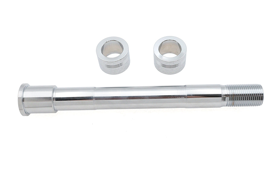V-Twin chrome front axle kit for motorcycle wheel and tire, featuring polished metal components and secure mounting hardware.