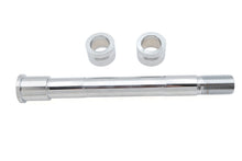 Load image into Gallery viewer, V-Twin chrome front axle kit for motorcycle wheel and tire, featuring polished metal components and secure mounting hardware.