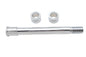 V-Twin chrome front axle kit for motorcycle wheel and tire, featuring polished metal components and secure mounting hardware.