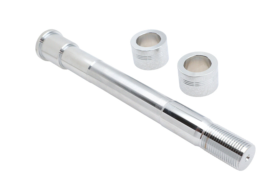 V-TWIN Chrome Front Axle Kit for motorcycle wheel and tire, featuring polished chrome finish and sturdy construction.