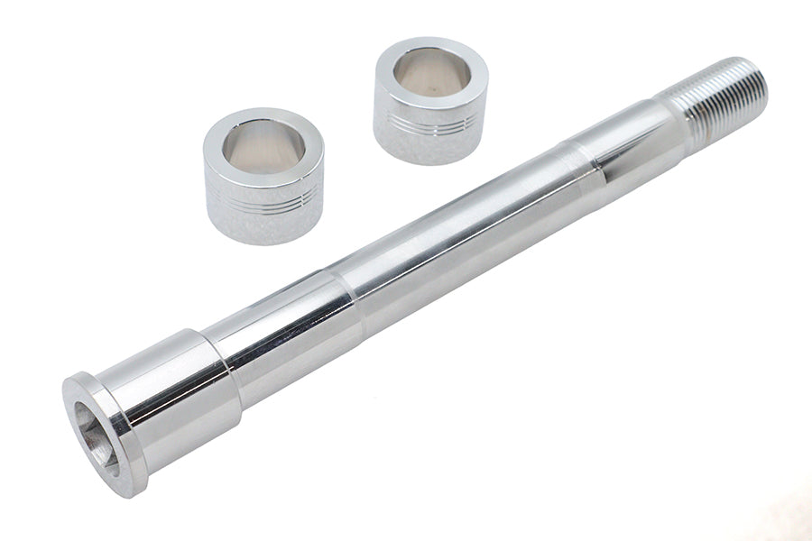 V-Twin Chrome Front Axle Kit for motorcycle wheel and tire, featuring polished chrome finish and durable construction.