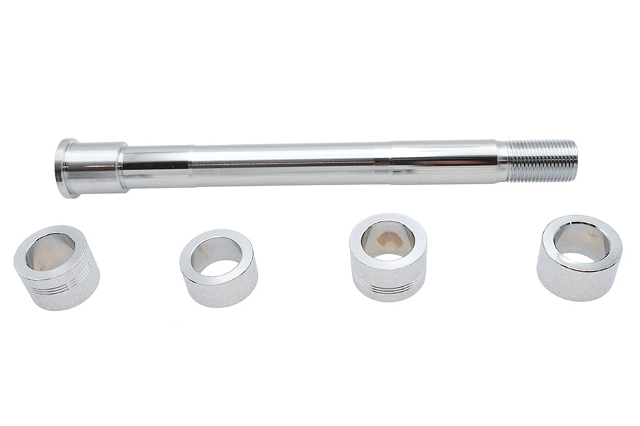 V-TWIN Chrome Front Axle Kit for motorcycle wheel and tire, featuring polished chrome finish and durable construction.