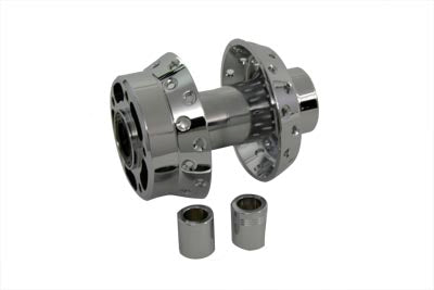 V-Twin chrome front wheel hub for motorcycle, featuring a polished metal finish and detailed design from the V-Twin wheel and tire collection.