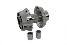 Load image into Gallery viewer, V-Twin chrome front wheel hub for motorcycle, featuring a polished metal finish and detailed design from the V-Twin wheel and tire collection.
