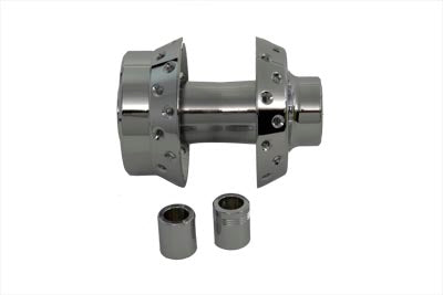 V-Twin chrome front wheel hub for motorcycle wheel and tire, featuring a shiny metallic finish and detailed design.