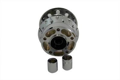 V-Twin chrome front wheel hub for motorcycle wheel and tire, featuring polished chrome finish and durable construction.