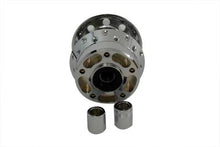 Load image into Gallery viewer, V-Twin chrome front wheel hub for motorcycle wheel and tire, featuring polished chrome finish and durable construction.