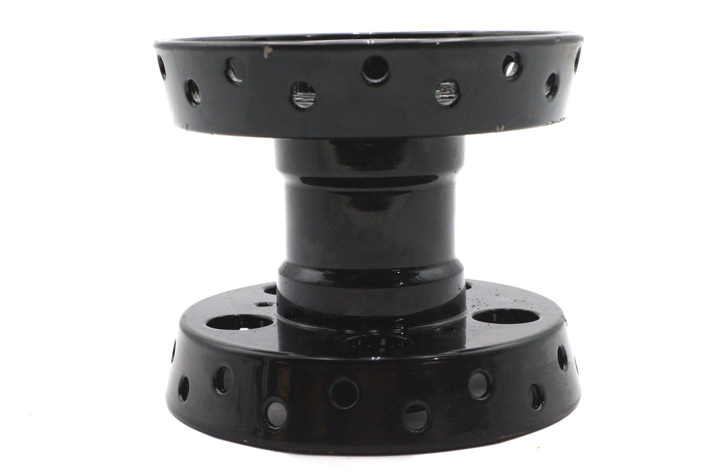 Black V-Twin Factory Sample Wheel Hub for motorcycle wheel and tire, showcasing a sturdy and sleek design.