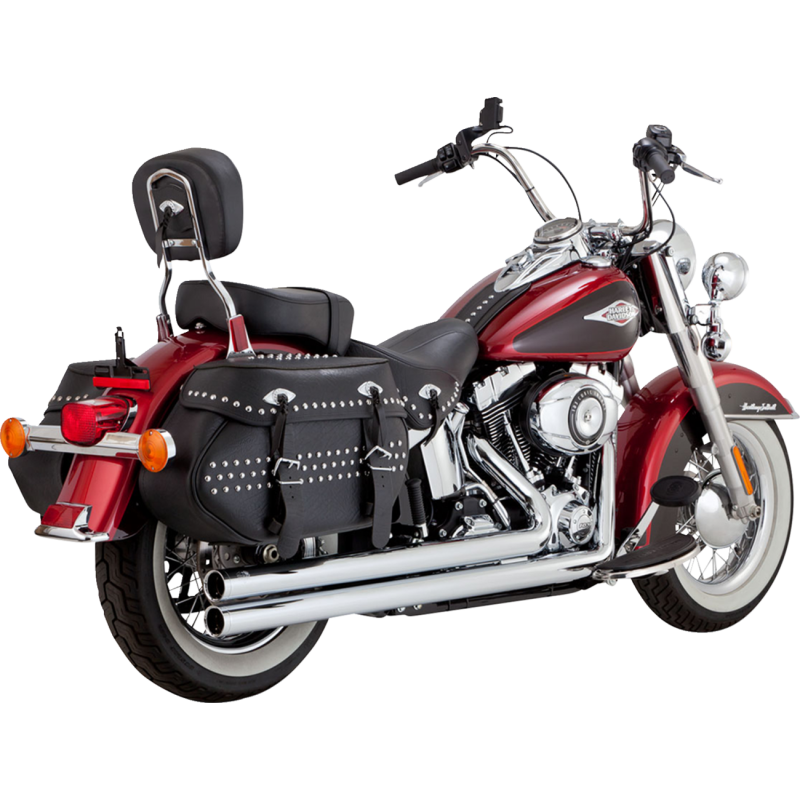 Vance and Hines Chrome Longshots exhaust for Harley Davidson Softails 2012-2017, showing the polished chrome finish and dual exhaust pipes.