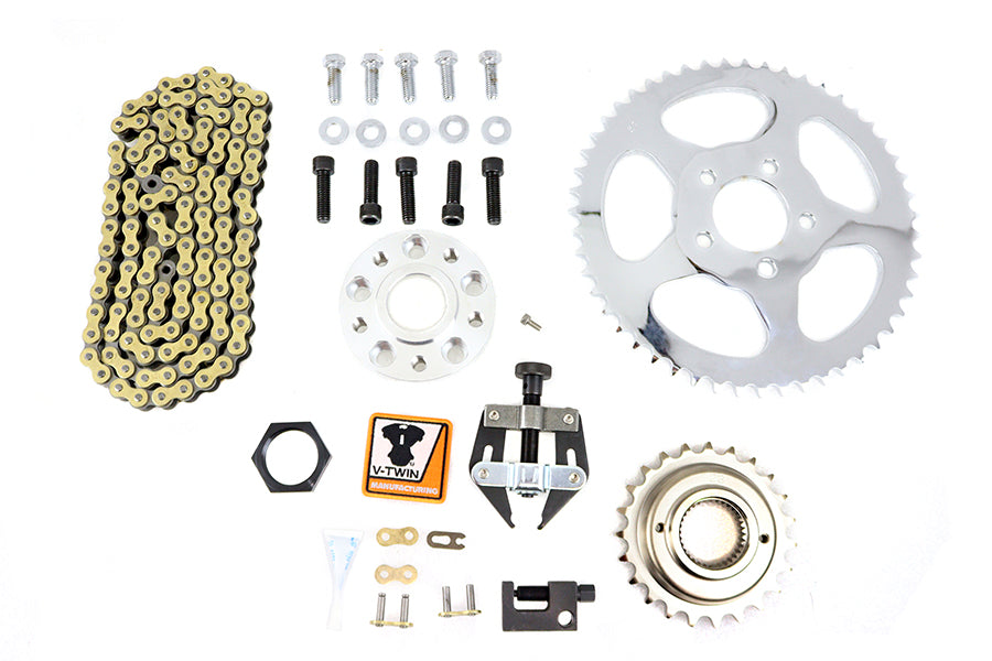 Vtwin chain drive kit for Harley Davidson Dyna 2000-2005, includes transmission and drive components, black metal finish.