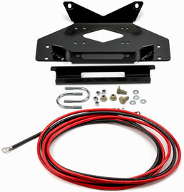 Warn winch mount bracket for Kawasaki, durable black metal construction, designed for secure installation of Warn winches.