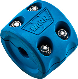 Warn winch hook bump stop in blue, showing close-up of the protective rubber bumper attached to a winch hook.