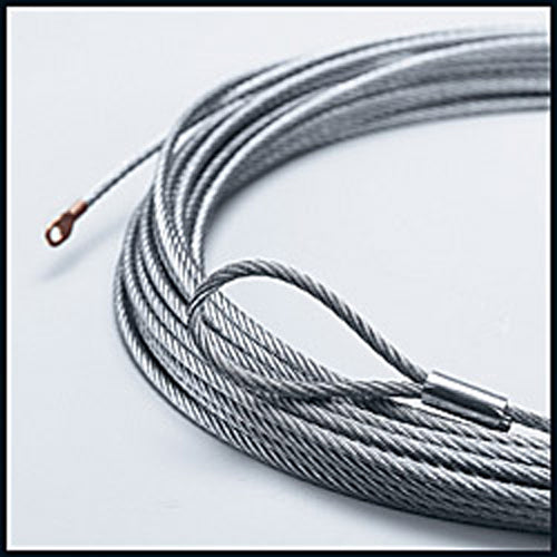 Warn 4.0ci winch with 7/32-inch by 55-foot wire rope, black and silver winch in a close-up shot