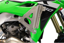 WORKS Radiator Braces for Kawasaki motorcycles, durable guards to protect the radiator from damage during rides.