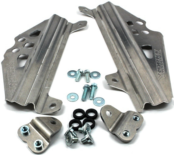 WORKS Radiator Braces for RMZ450 motorcycle, protective guards with durable construction, designed to shield the radiator.