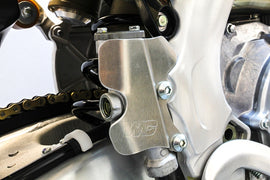 WORKS Rear Master Cylinder Guard, durable motorcycle guard designed to protect the rear master cylinder from damage.