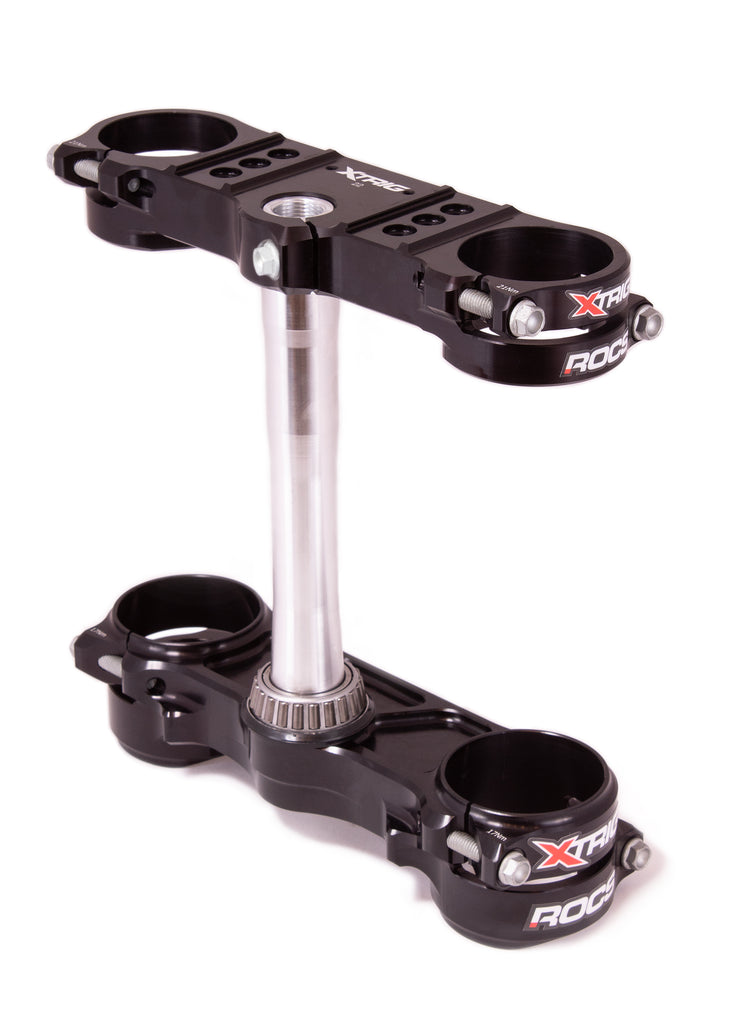 XTRIG Rocs Tech Clamps in black for motorcycle suspension, 22mm diameter, durable aluminum construction.