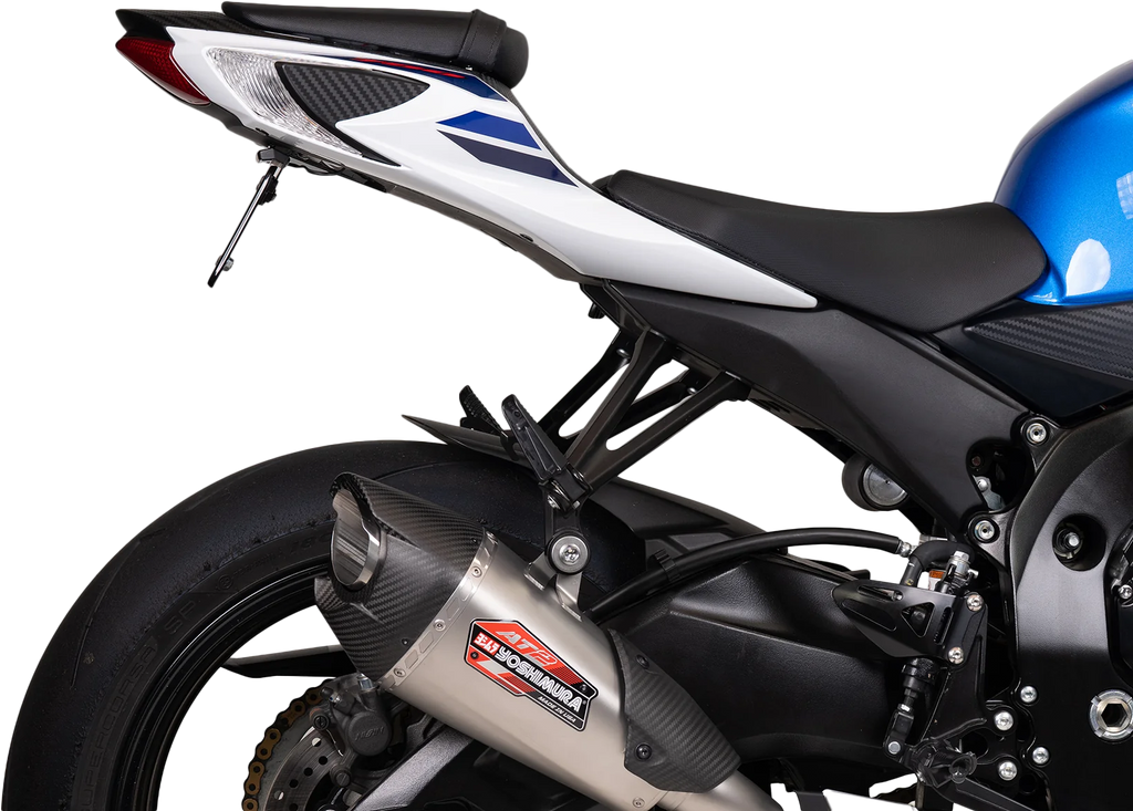YOSHIMURA Fender Eliminator V2 Kit for Suzuki motorcycles, showing sleek black body component with mounting hardware.