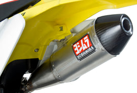 Yoshimura RS-4 exhaust system with header, canister, and end cap in stainless steel, aluminum, and carbon fiber for motorcycle.