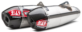 Yoshimura RS-9 exhaust header, canister, and end cap for motorcycle, featuring dual slip-on design in stainless steel, aluminum, and carbon fiber
