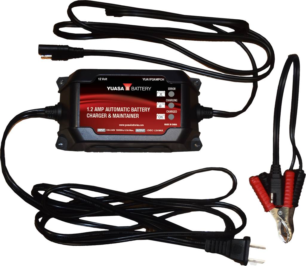 Yuasa 1.2 Amp 12V battery charger and maintainer for motorcycle and automotive batteries, with digital display and durable design.