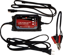 Load image into Gallery viewer, Yuasa 1.2 Amp 12V battery charger and maintainer for motorcycle and automotive batteries, with digital display and durable design.