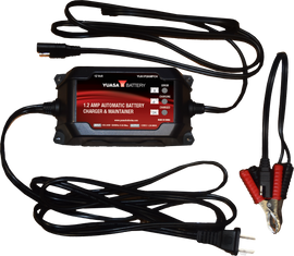 Yuasa 1.2 Amp 12V battery charger and maintainer for motorcycle and automotive batteries, with digital display and durable design.