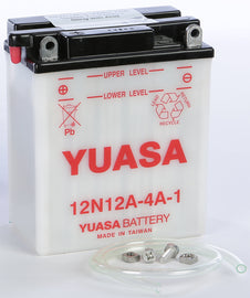 Yuasa 12N12A-4A-1 conventional lead-acid battery, compact design, with positive and negative terminals visible.