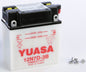 Yuasa 12N7D-3B conventional motorcycle battery with terminals and label, designed for reliable power and durability.
