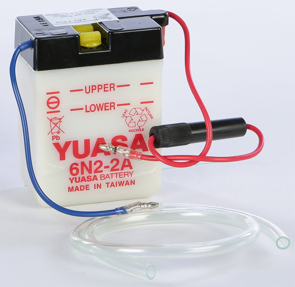 Yuasa 6N2-2A conventional battery with black casing and terminal posts, designed for reliable automotive power.