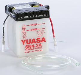Yuasa 6N4-2A conventional automotive battery with positive and negative terminals, designed for reliable power.