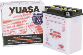 Yuasa YB12A-A conventional automotive battery with black case and terminals, designed for reliable vehicle starting.