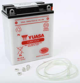 Yuasa YB12A-B conventional car battery with positive and negative terminals, designed for reliable vehicle power.