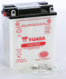 Yuasa YB12AL-A conventional battery with black casing, designed for automotive use and reliable power supply.