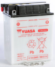 Load image into Gallery viewer, Yuasa Yb14a-A1 conventional car battery with positive and negative terminals, durable design, and label showing model number.