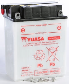Yuasa Yb14a-A1 conventional car battery with positive and negative terminals, durable design, and label showing model number.