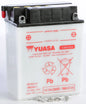 Yuasa Yb14a-A1 conventional car battery with positive and negative terminals, durable design, and label showing model number.
